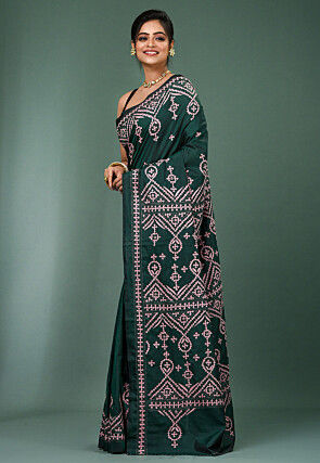 Kantha Art Silk Saree in Dark Green