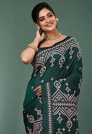 Kantha Art Silk Saree in Dark Green