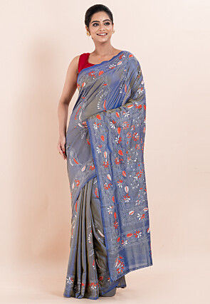 Kantha Art Silk Saree in Dusty Blue