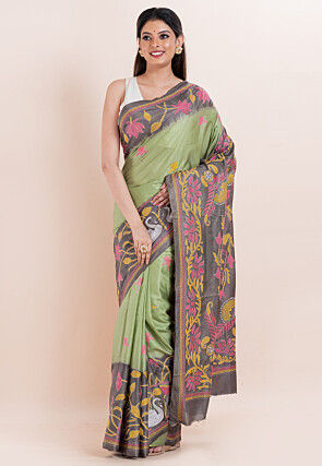Kantha Art Silk Saree in Dusty Green