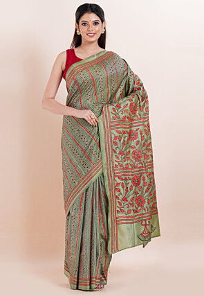 Kantha Art Silk Saree in Dusty Green