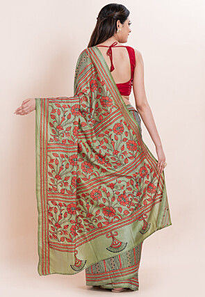 Kantha Art Silk Saree in Dusty Green
