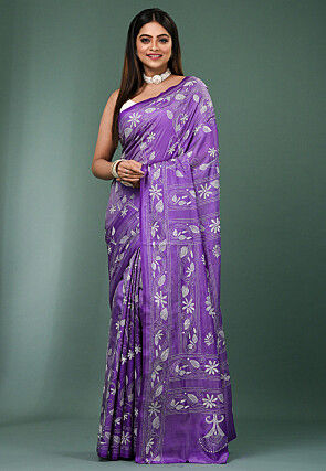 Kantha Art Silk Saree in Light Purple