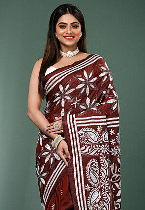 Kantha Art Silk Saree in Maroon