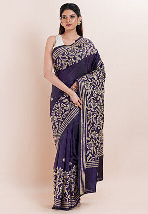 Kantha Art Silk Saree in Navy Blue