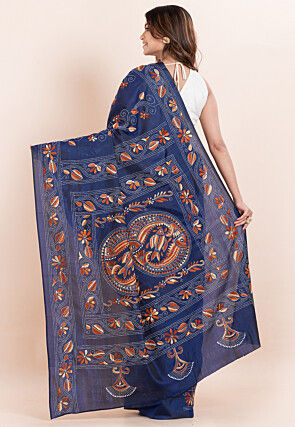 Kantha Art Silk Saree in Navy Blue