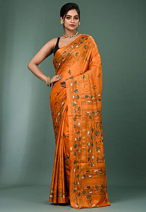 Kantha Art Silk Saree in Orange