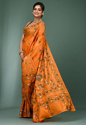 Kantha Art Silk Saree in Orange