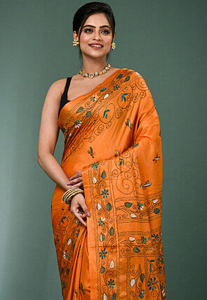 Kantha Art Silk Saree in Orange