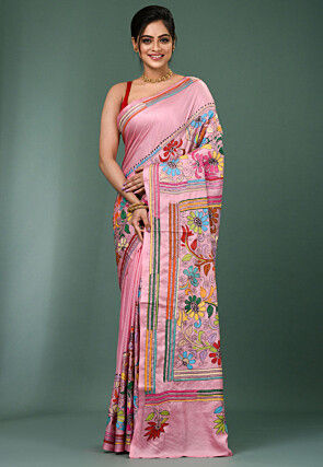 Kantha Art Silk Saree in Pink