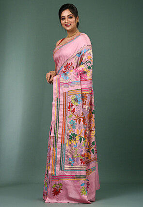 Kantha Art Silk Saree in Pink