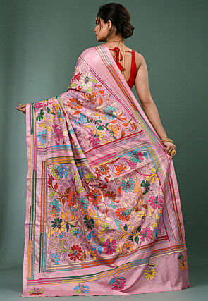 Kantha Art Silk Saree in Pink