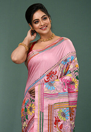 Kantha Art Silk Saree in Pink