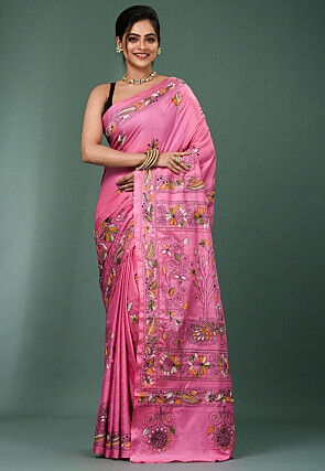 Kantha Art Silk Saree in Pink