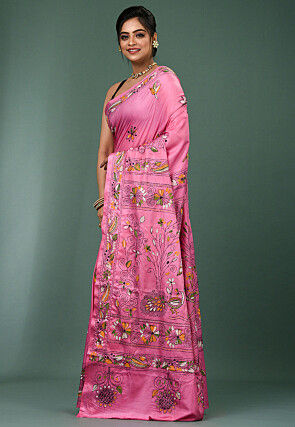 Kantha Art Silk Saree in Pink