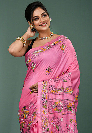 Kantha Art Silk Saree in Pink