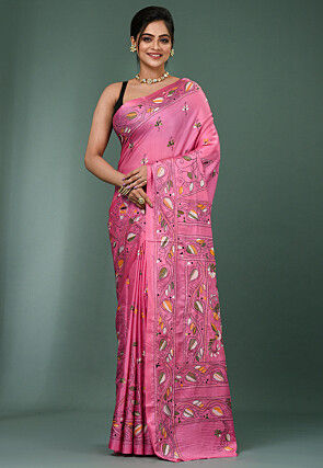 Kantha Art Silk Saree in Pink