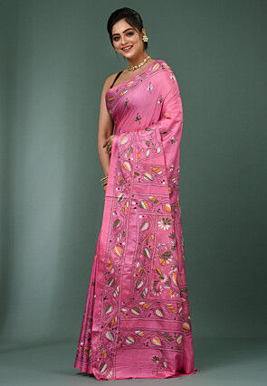 Kantha Art Silk Saree in Pink