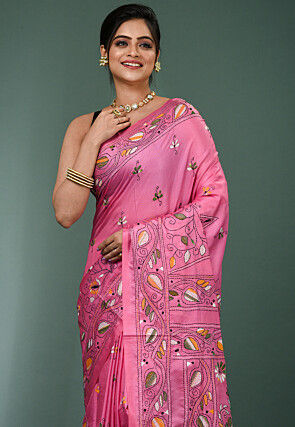 Kantha Art Silk Saree in Pink