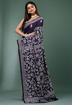 Kantha Art Silk Saree in Purple