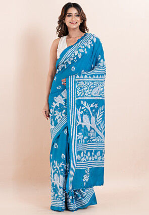 Kantha Art Silk Saree in Teal Blue