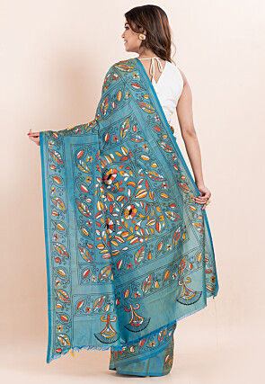 Kantha Art Silk Saree in Teal Blue