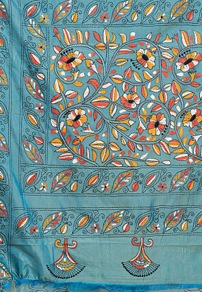 Kantha Art Silk Saree in Teal Blue