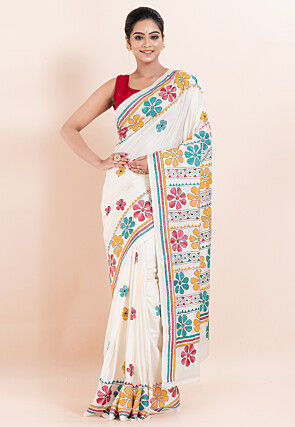 Kantha Art Silk Saree in White