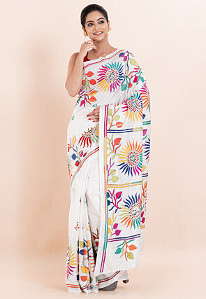Kantha Art Silk Saree in White