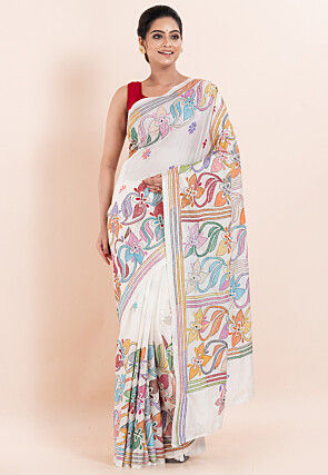 Kantha Art Silk Saree in White