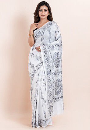Kantha Art Silk Saree in White