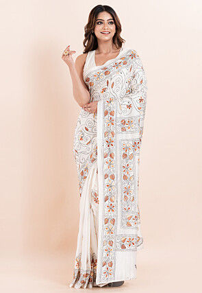 Kantha Art Silk Saree in White