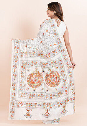Kantha Art Silk Saree in White