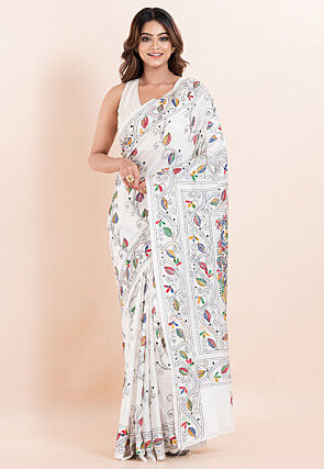 Kantha Art Silk Saree in White