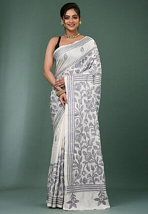 Kantha Art Silk Saree in White