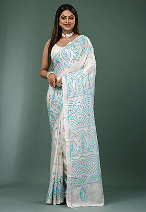 Kantha Art Silk Saree in White