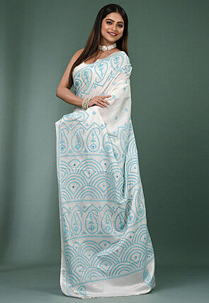 Kantha Art Silk Saree in White