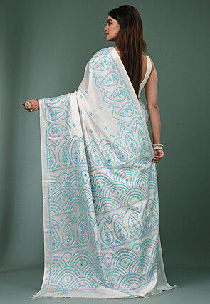 Kantha Art Silk Saree in White