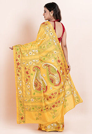 Kantha Art Silk Saree in Yellow