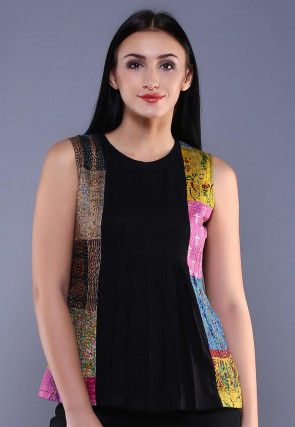 Kantha Embroidered Cotton Silk Pleated Top in Black