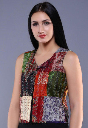 Kantha Embroidered Pure Silk Jacket in Multicolor