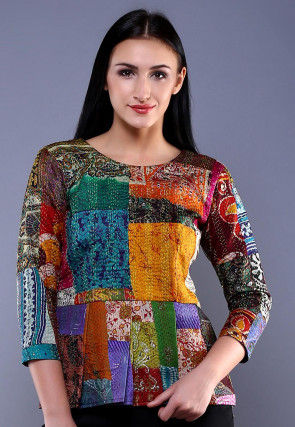 Kantha Embroidered Pure Silk Top in Multicolor