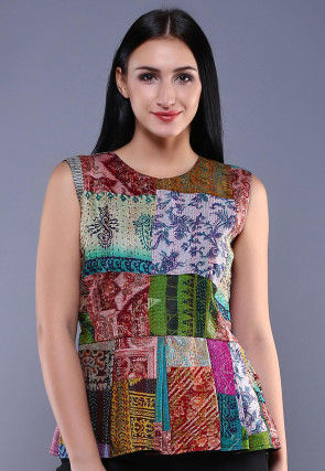Kantha Embroidered Pure Silk Top in Multicolor