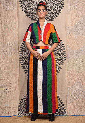 Kantha Pure Cotton Crop Top Set in Multicolor