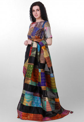 Kantha Pure Dupion Silk Saree in Black
