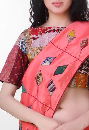 Kantha Pure Dupion Silk Saree in Dark Peach