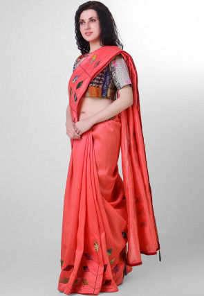 Kantha Pure Dupion Silk Saree in Dark Peach