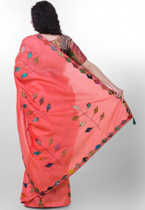 Kantha Pure Dupion Silk Saree in Dark Peach