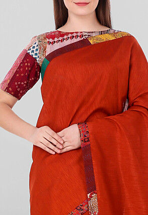 Kantha Pure Dupion Silk Saree in Dark Rust