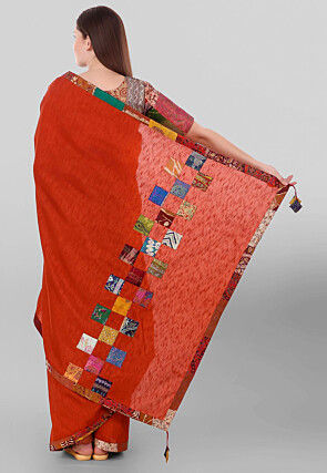 Kantha Pure Dupion Silk Saree in Dark Rust